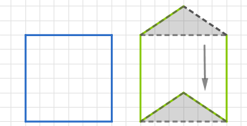 Grafische Darstellung eines Quadrats und eines Hauses auf einem Gitterhintergrund.