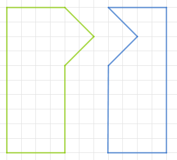 Zwei geometrische Figuren, eine grüne und eine blaue, auf einem karierten Hintergrund.