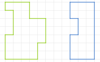 Zwei geometrische Formen in grün und blau auf einem karierten Hintergrund.