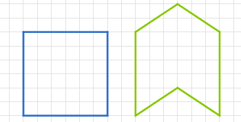 Blaues Quadrat und grünes Haus auf einem karierten Hintergrund.