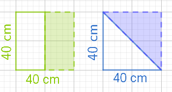 Grafik mit zwei geometrischen Figuren: ein grünes Rechteck und ein blauer Dreieck, beide mit 40 cm Seitenlängen.