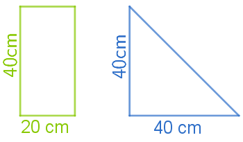 Ein Rechteck und ein rechtwinkliges Dreieck mit ihren Maßen in Zentimetern dargestellt.