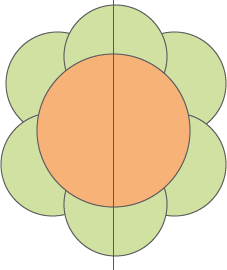 Buntes geometrisches Muster mit einem orangefarbenen Zentrum und grünen Blütenblättern, das symmetrisch angeordnet ist.