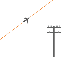 Flugzeug fliegt über Stromleitungen mit orangefarbener Linie im Hintergrund.