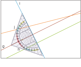 Geometrisches Diagramm mit einem Geodreieck und mehreren Linien in verschiedenen Farben.