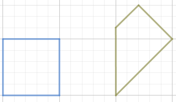 Ein blaues Quadrat und eine gelbe Form auf einem schwarz-weißen Gitterhintergrund.