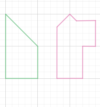 Zwei geometrische Formen in grüner und pinker Kontur auf einem karierten Hintergrund.